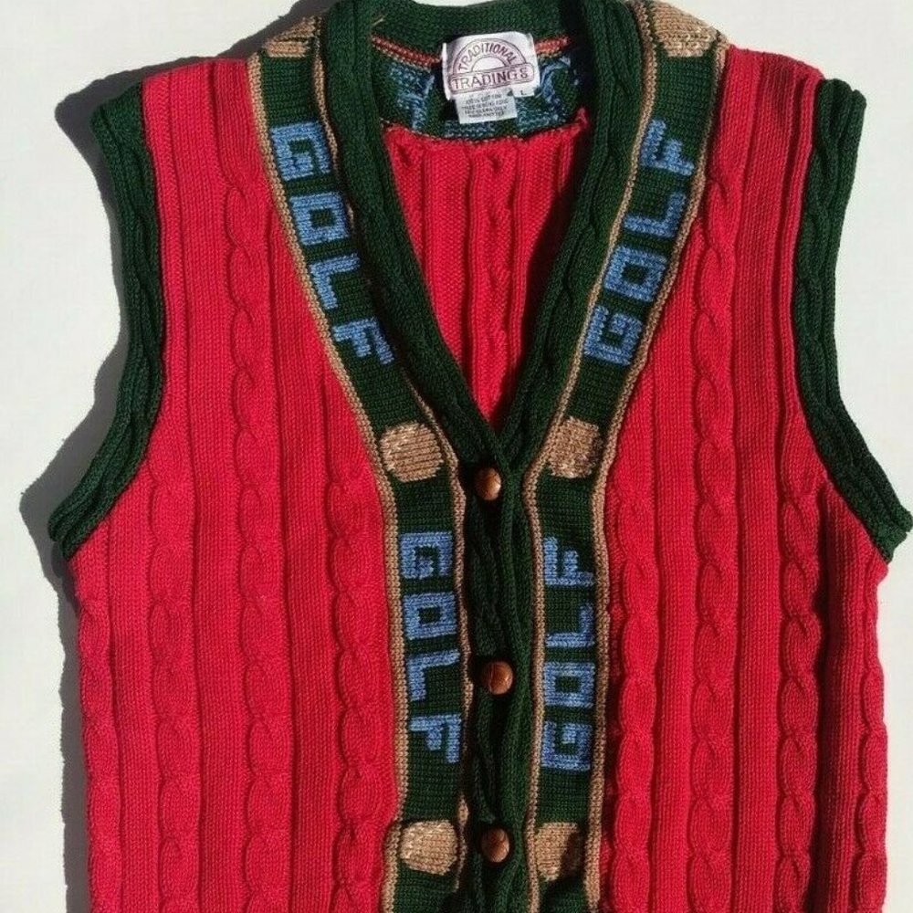 VTG Traditional Trading Co Women's Sz L Cotton Hand Knitted Golf Vest Red Green